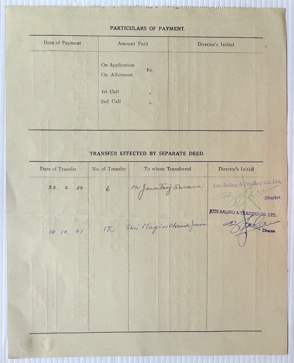 India 1940 Jute Baling & Trading Company share certificate