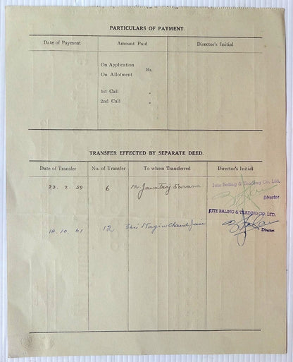 India 1940 Jute Baling & Trading Company share certificate