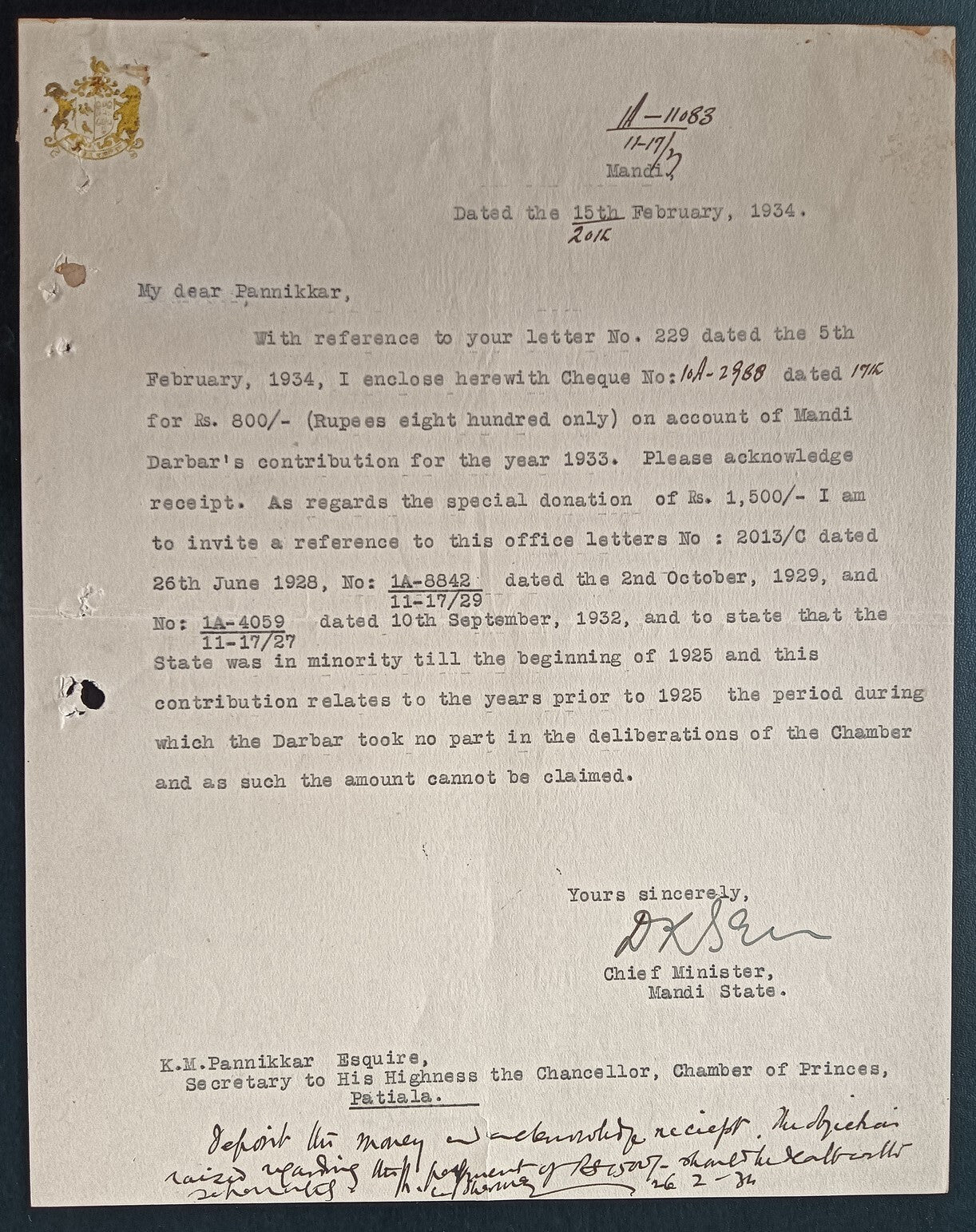 India 1934 crested letter MANDI STATE signed Chief Minister