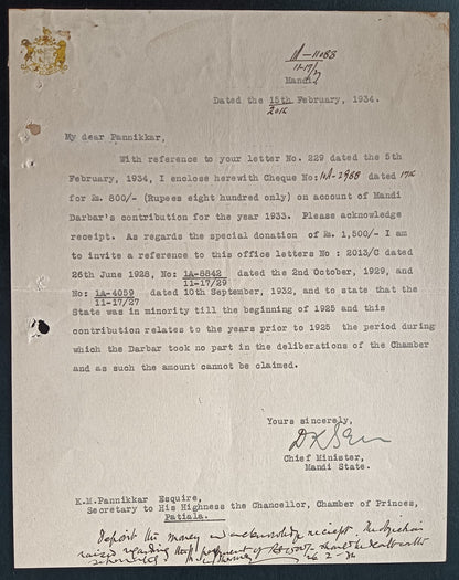India 1934 crested letter MANDI STATE signed Chief Minister