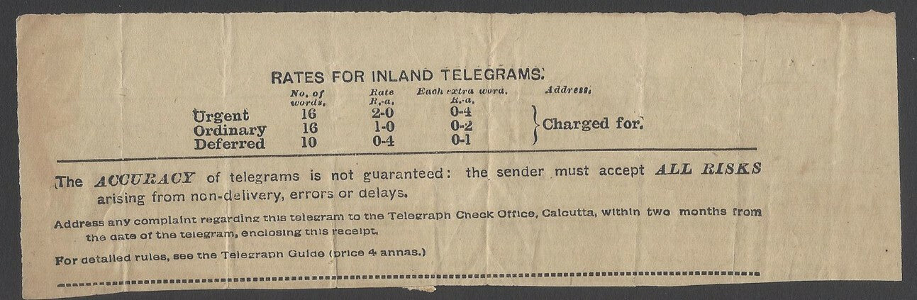 AOPIMT India 1906 Telegraph receipt with 3 colour franking canc BENARES CITY