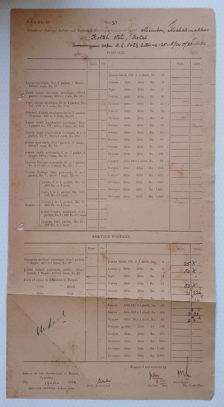 AOP India Official correspondence :Supply of Service stamps to KOTAH STATE 1924