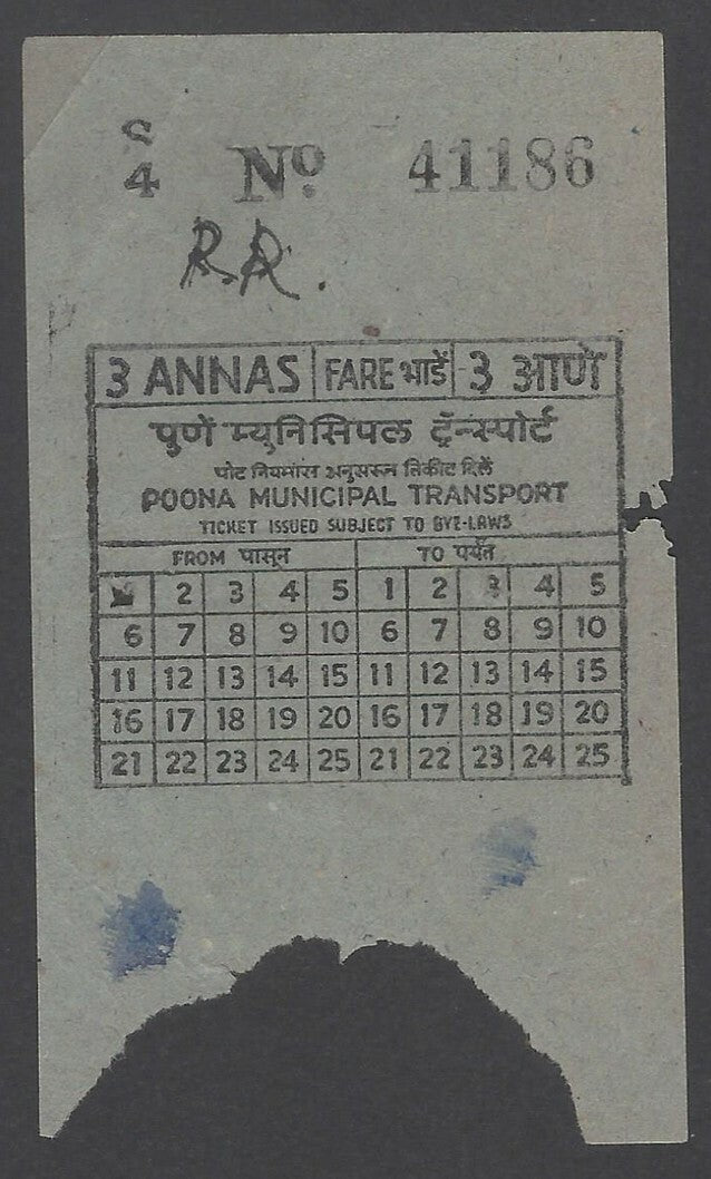 AOP India Vintage Poona Bus Ticket 3 Annas 