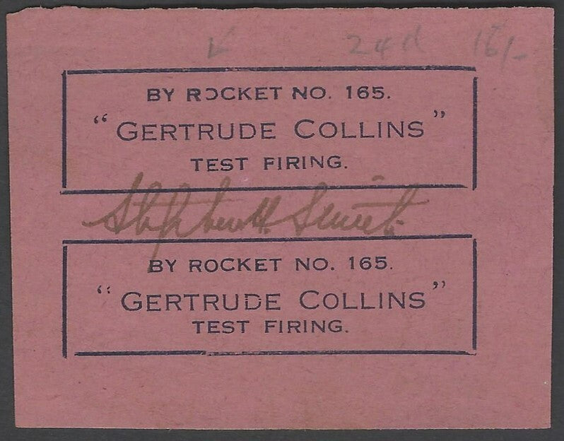 AOP India ROCKET MAIL Test Firing GERTRUDE COLLINS signed pair of labels