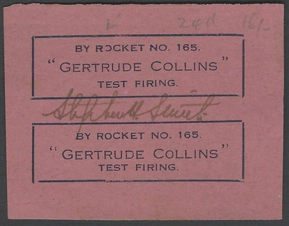 AOP India ROCKET MAIL Test Firing GERTRUDE COLLINS signed pair of labels