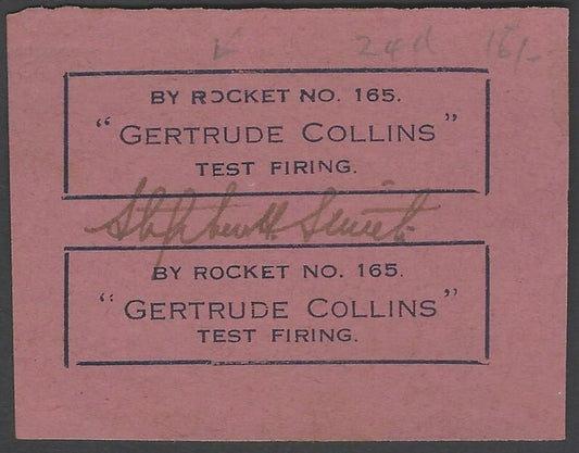 AOP India ROCKET MAIL Test Firing GERTRUDE COLLINS signed pair of labels