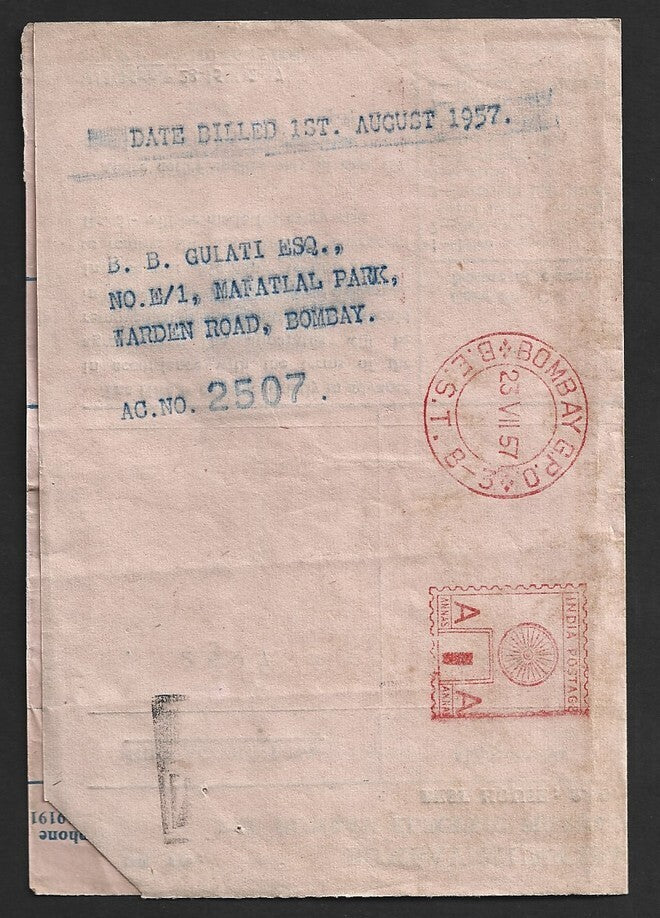 India 1957 letter with BES&T Bombay meter & BES&T ovpt. revenue stamp