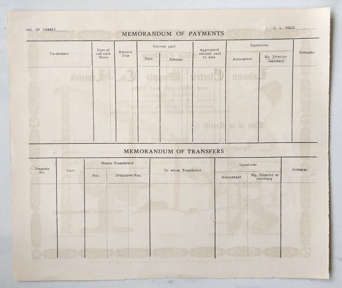 India Ladnum Electric Supply Co Limited share certificate unused