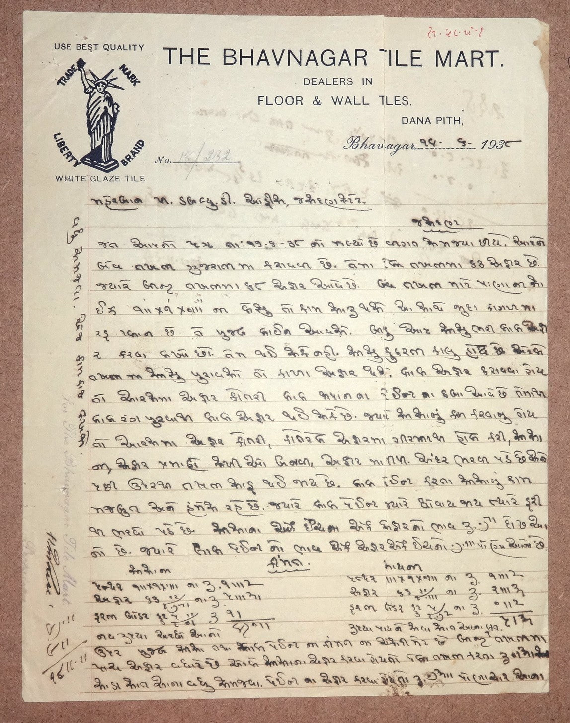 India 1938 THE BHAVNAGAR TILE MART BILLHEAD