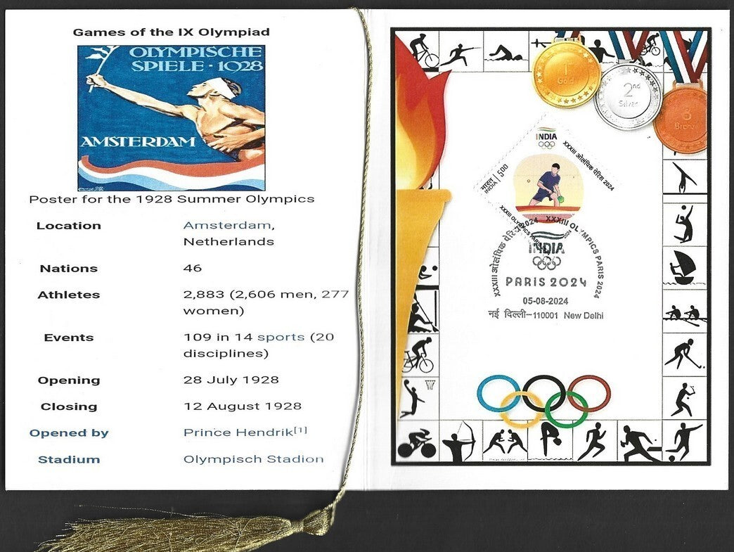 India 2024 Paris Olympics souvenir with 1928 Amsterdam, Holland Olympics cachet