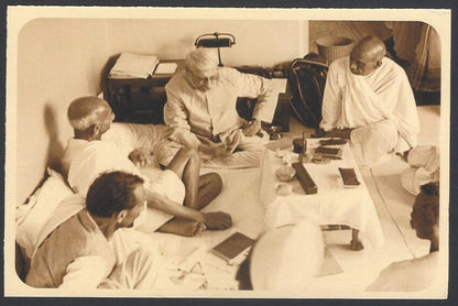 AOP India full back pictorial 50p Gandhi postal card GANDHI in a meeting