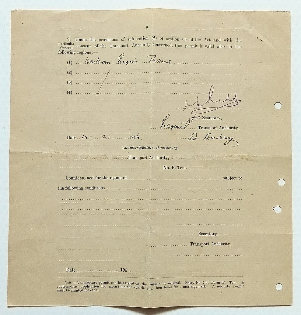 AOP India 1946 TEMPORARY AUTOMOBILE PERMIT., Bombay