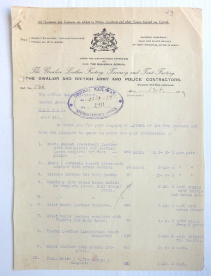 India 1939 Gwalior Tannery British Army Police Contractors Illustrated Billhead