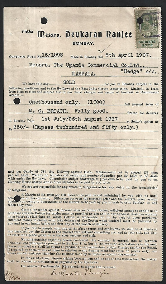 Uganda Commercial 1937 CONTRACT NOTE 1000 bales Cotton with India revenue stamp