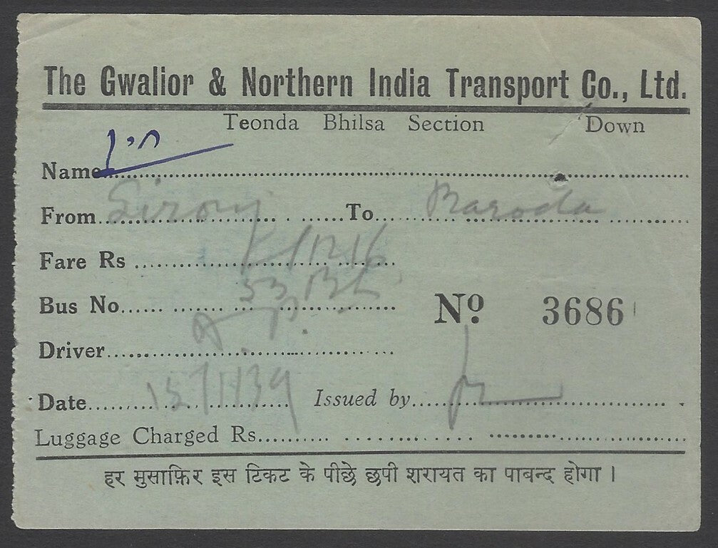 AOPIMT India THE GWALIOR & NORTHERN INDIA TRANSPORT CO 1939 Bus ticket