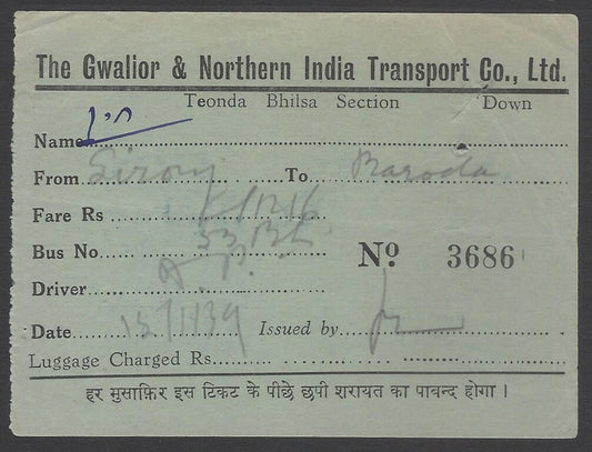 AOPIMT India THE GWALIOR & NORTHERN INDIA TRANSPORT CO 1939 Bus ticket