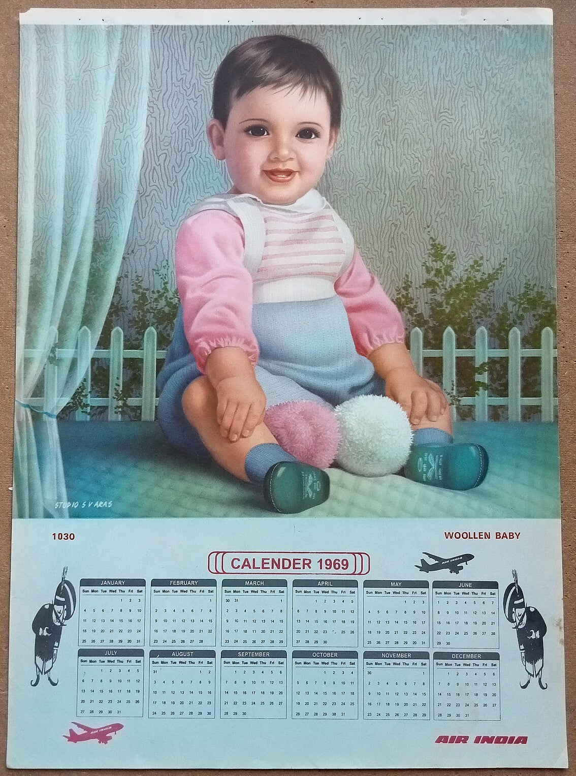 AIR INDIA 1969 poster calender 1030 - WOOLLEN BABY - STUDIO : S. V. VARAS - R