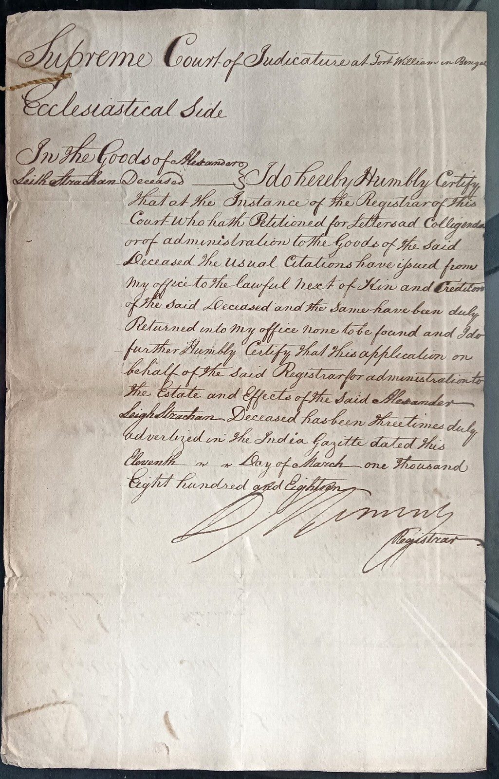 India King George IIII 1818 Fort William, Calcutta 3 page document