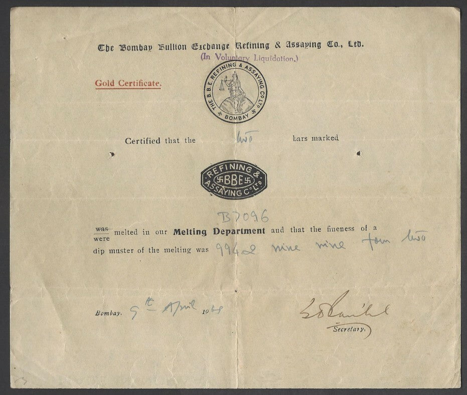 India Bombay Bullion Exchange 1919 GOLD CERTIFICATE
