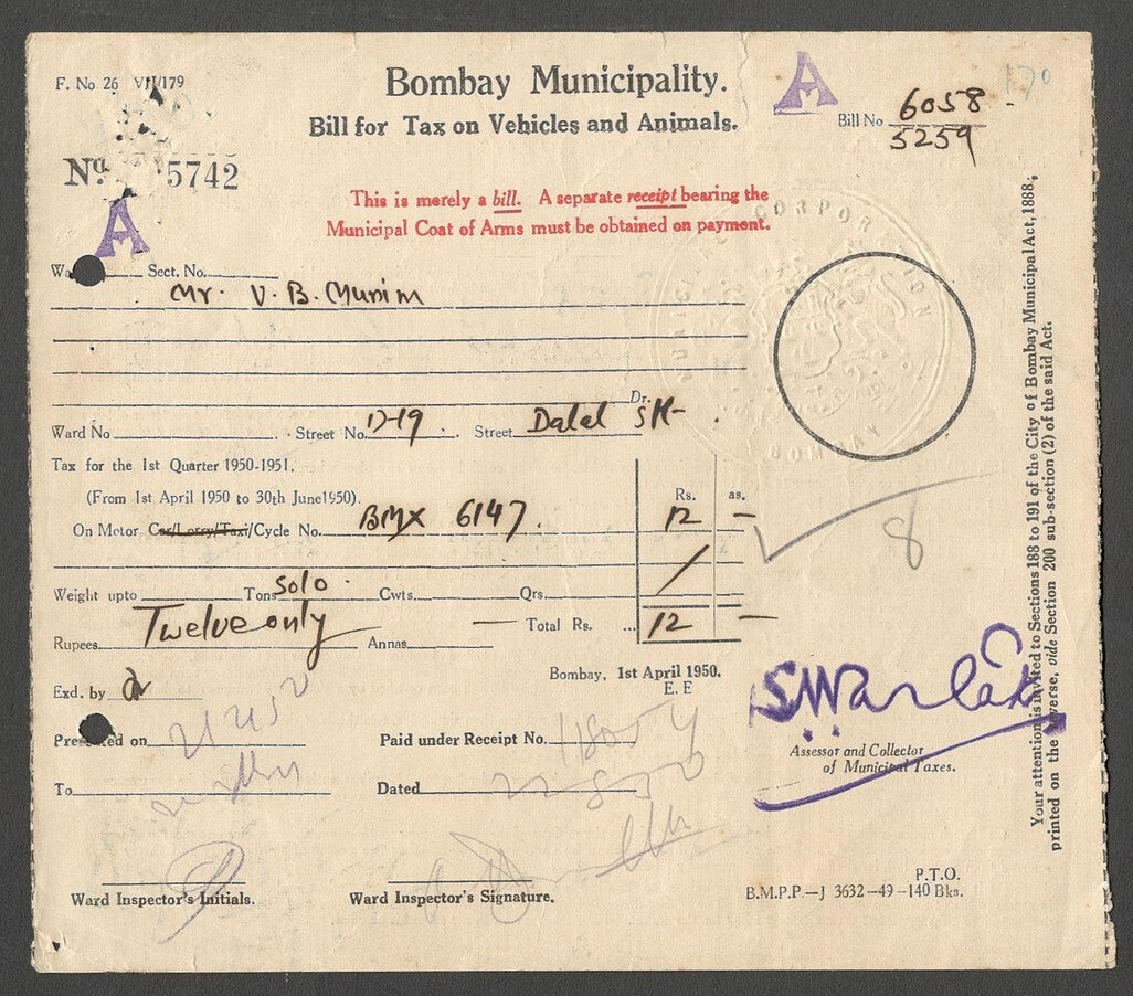 AOP India 1950 1st Q Bombay Muncipal Corp BILL FOR TAX ON VEHICLES AND ANIMALS
