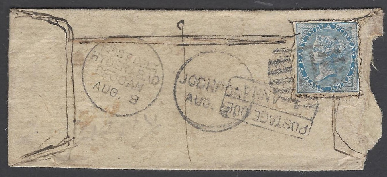 AOP India QV EI 1/2a on 1880s cover with early use of boxed POSTAGE DUE/1  ANNA