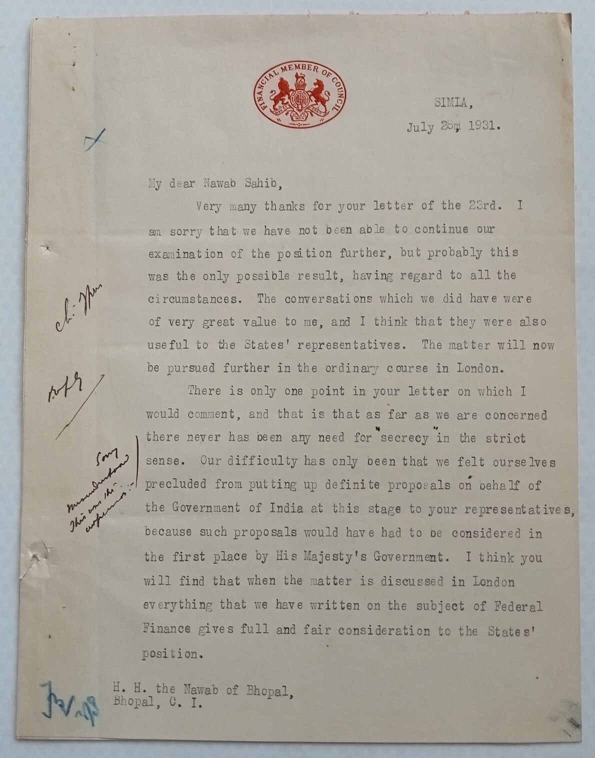 FINANCIAL MEMBER OF COUNCIL crested letter 1931 India