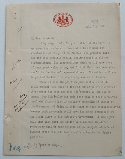 FINANCIAL MEMBER OF COUNCIL crested letter 1931 India