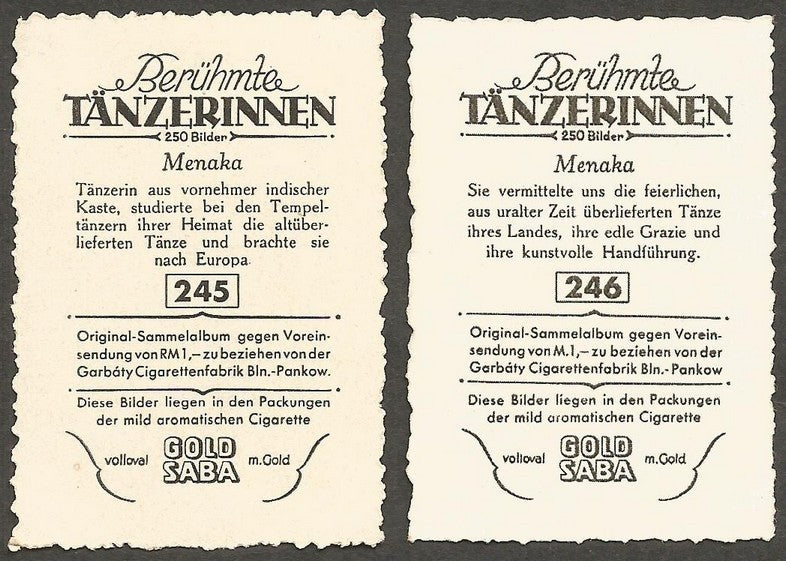 India 1930s dancer Meneka photographic German trade cards x 2