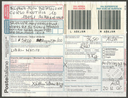 AOP Italy 2002 parcel card to India with dual currency issues