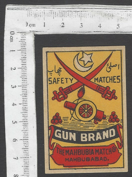 AOP India vintage matchbox label Gun Brand by the Mahbubia Match Co. Mahbubabad