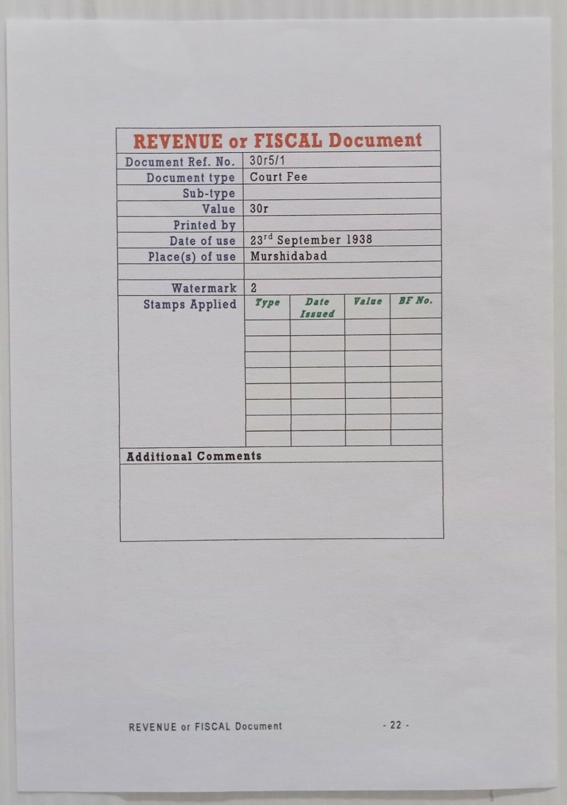 AOP India KGV 30R stamp paper