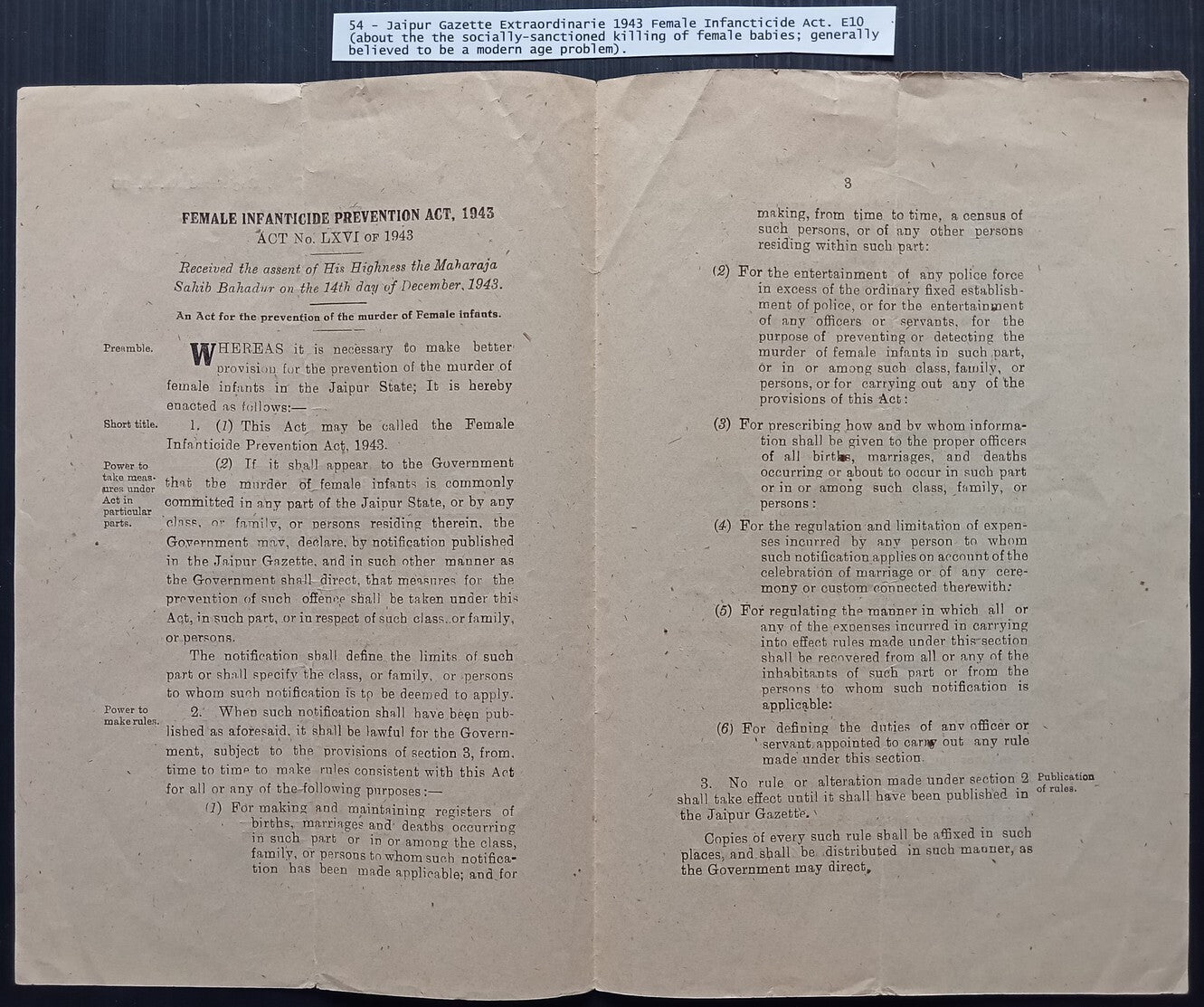 India Jaipur State 1943 Act Outlawing of the killing of Female Babies