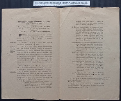 India Jaipur State 1943 Act Outlawing of the killing of Female Babies