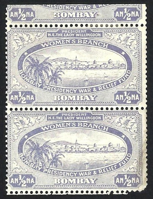 India WW1 1/2a Bombay Presidency War Fund label MH pair ex miscut pane