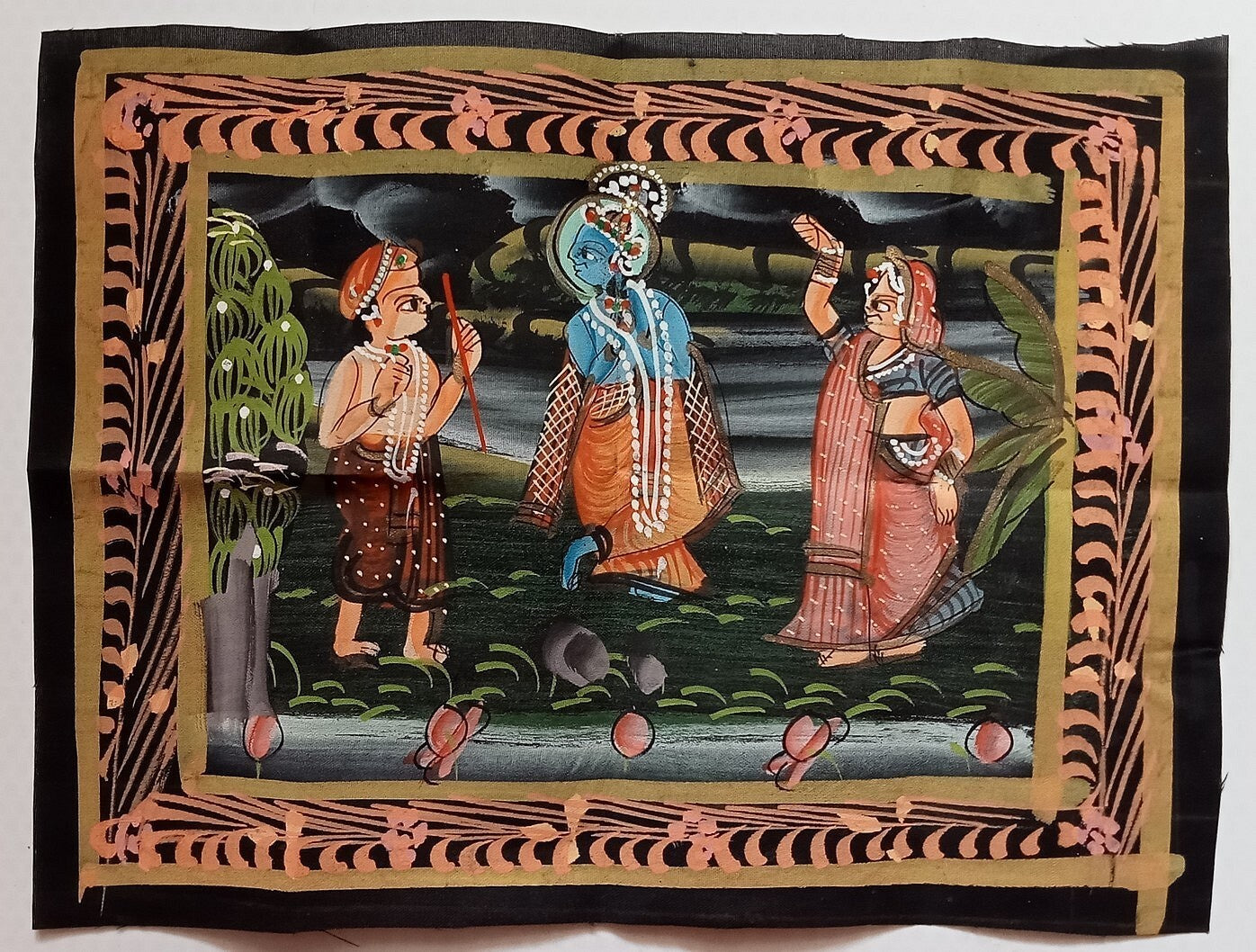 India vintage hand painting on cloth RADHA, KRISHNA & BALRAM 8 x 11 inches