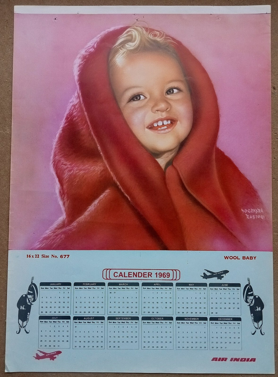 AIR INDIA 1969 poster calender 677 - WOOL BABY- ARTIST : YOGENDRA RASTOGI - R