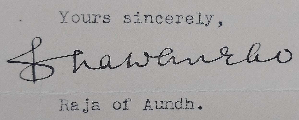 AUNDH STATE India 1940 crested letter signed Raja Bhawanrao Shriniwasrao Pant
