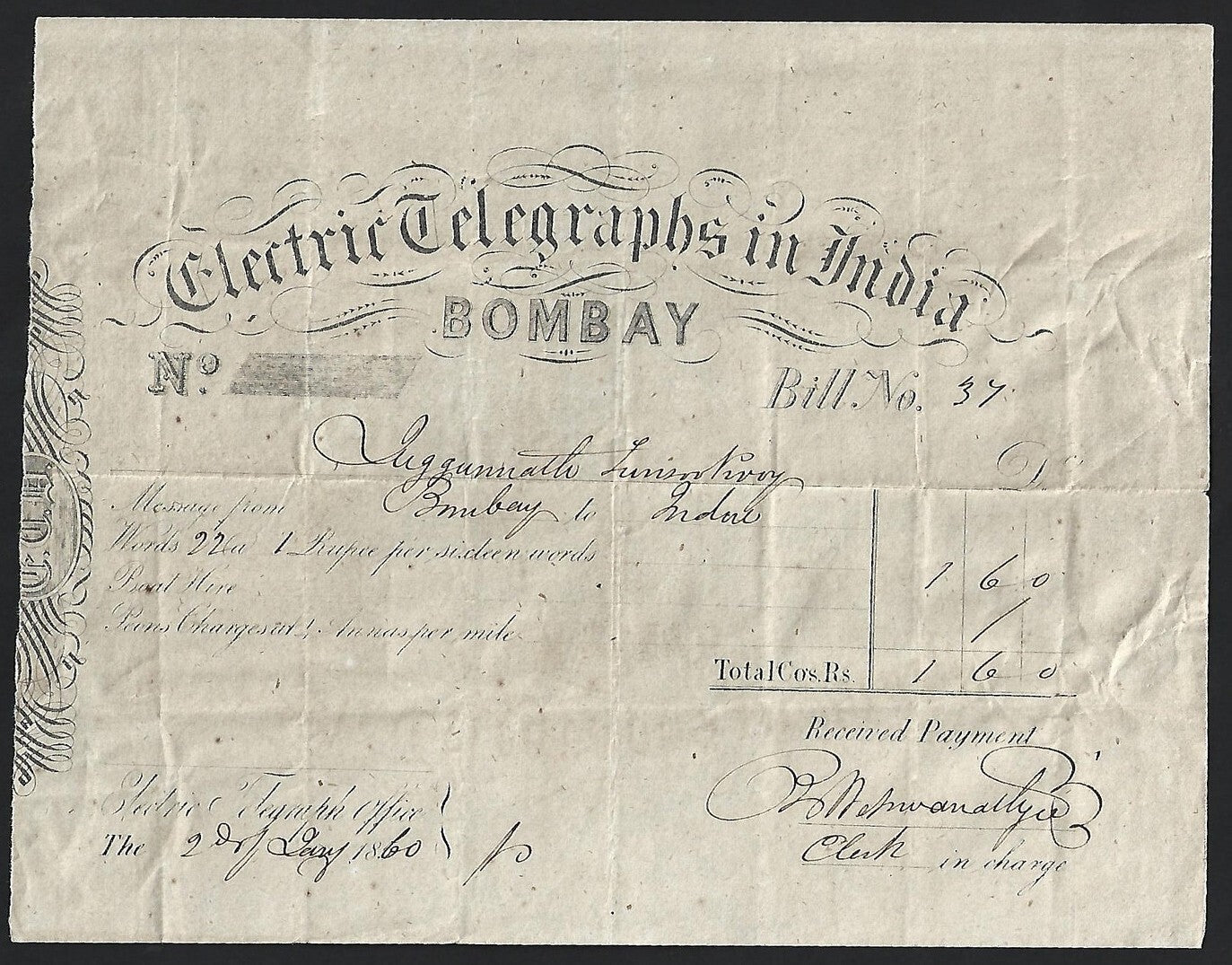 (AOP) India 1860 Electric Telegraph Bombay printed receipt