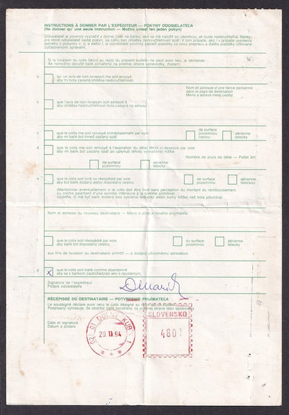 Slovensko Slovakia 1993 50kc x 15 on parcel card to India