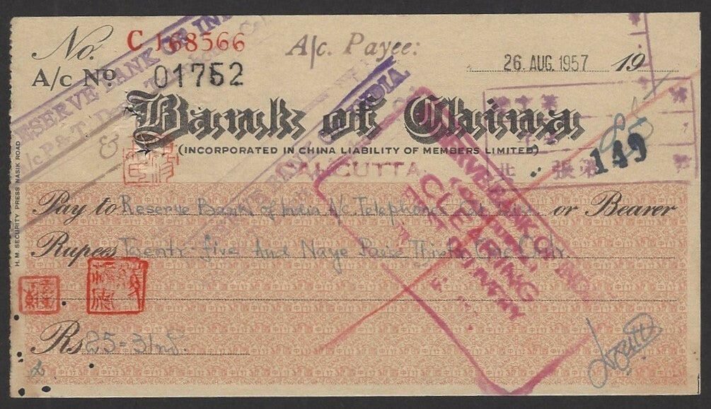 Bank of China checks cheques India Burma 1944-58 x 4 different zaz