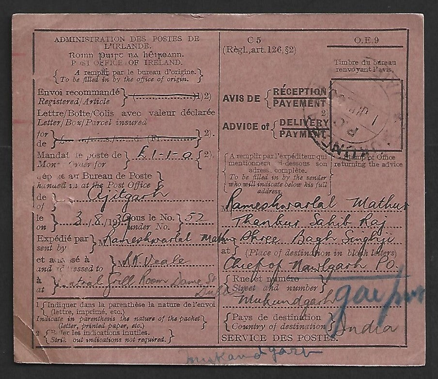AOP Ireland AR card used 1939 to The Chief of Nawalgarh, India & back