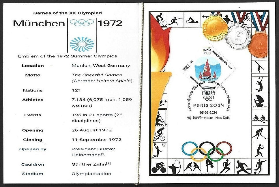 India 2024 Paris Olympics souvenir with 1972 Munich West Germany Olympics cachet