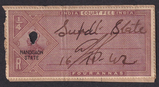 India Nandgaon State Type 3A KGVI Court Fee 4a