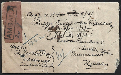 India 1922 registered VPP cover AMBALA to Nabha
