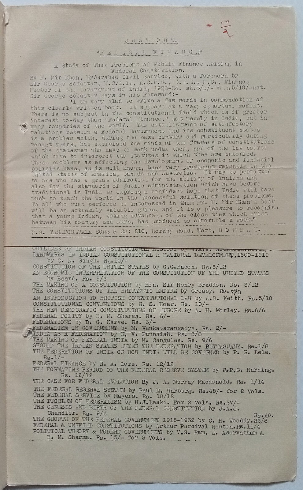 India Taraporewala, Bombay 1938 list of books on Federation, Constitution, etc.