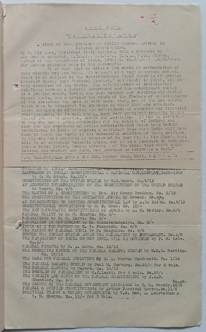 India Taraporewala, Bombay 1938 list of books on Federation, Constitution, etc.