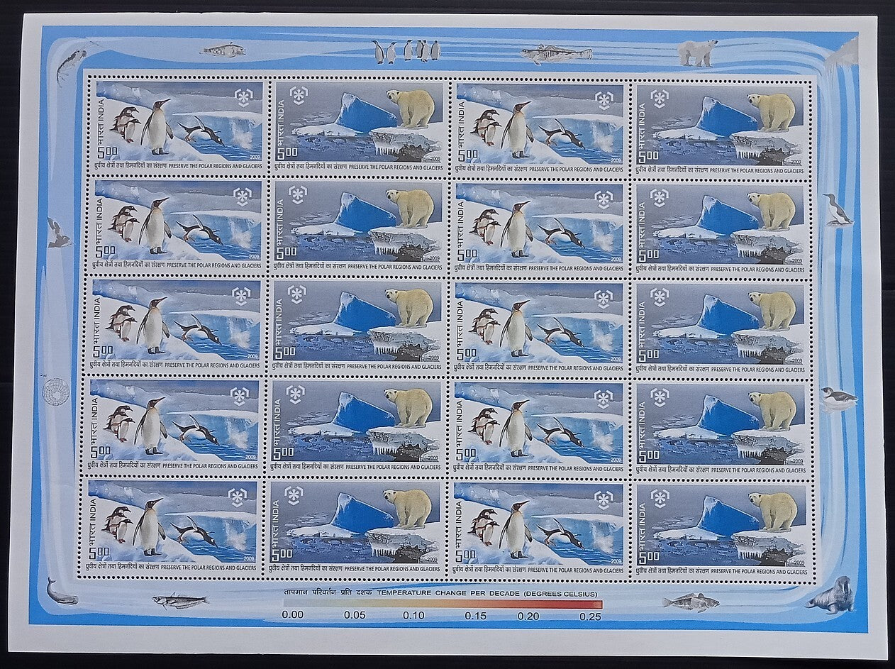 India 2009 Polar Regions & Glaciers sheetlet of 20 MNH