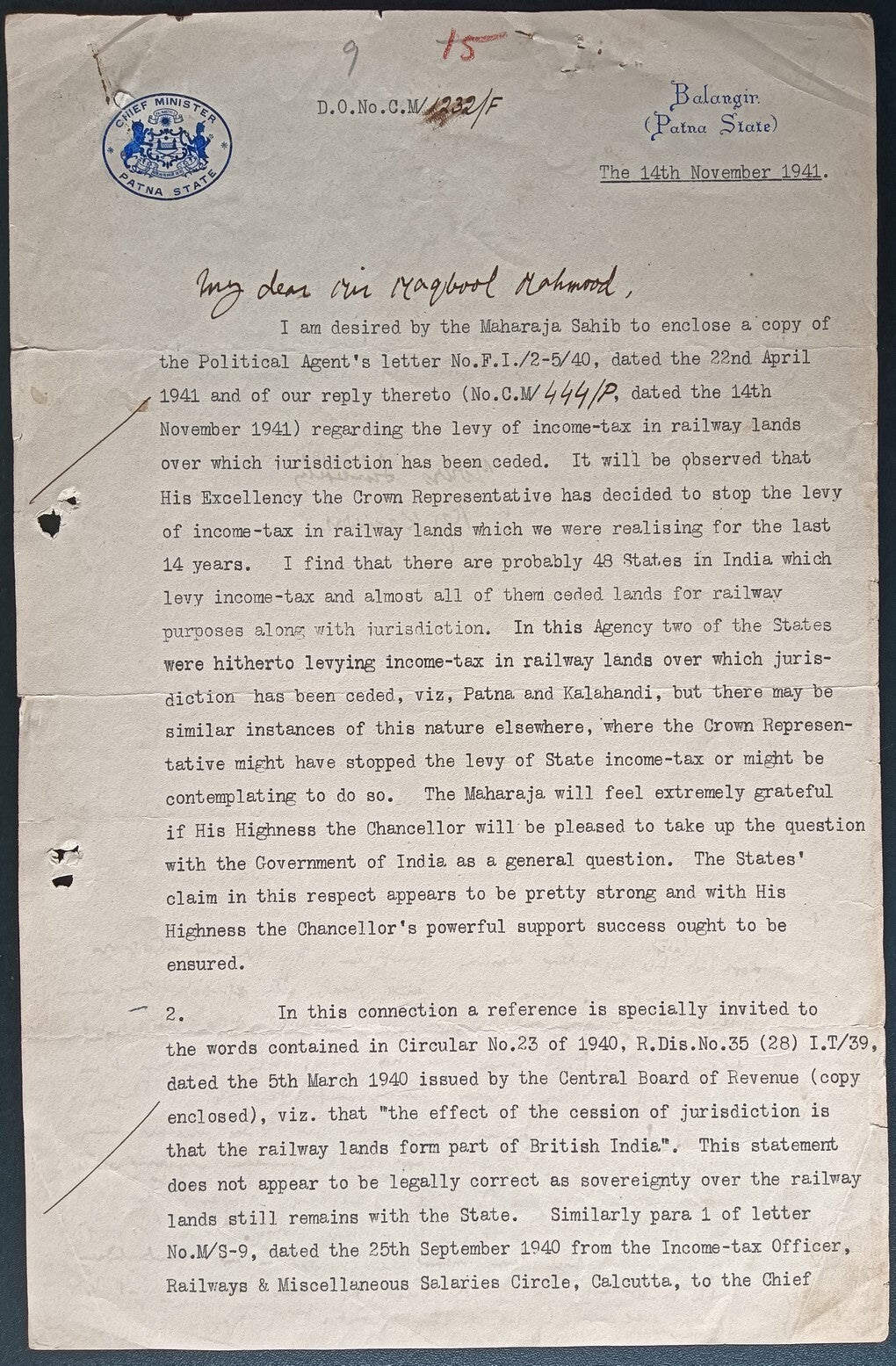 India 1941 crested letter CHIEF MINISTER / PATNA STATE signed Heir Apparent