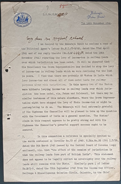 India 1941 crested letter CHIEF MINISTER / PATNA STATE signed Heir Apparent