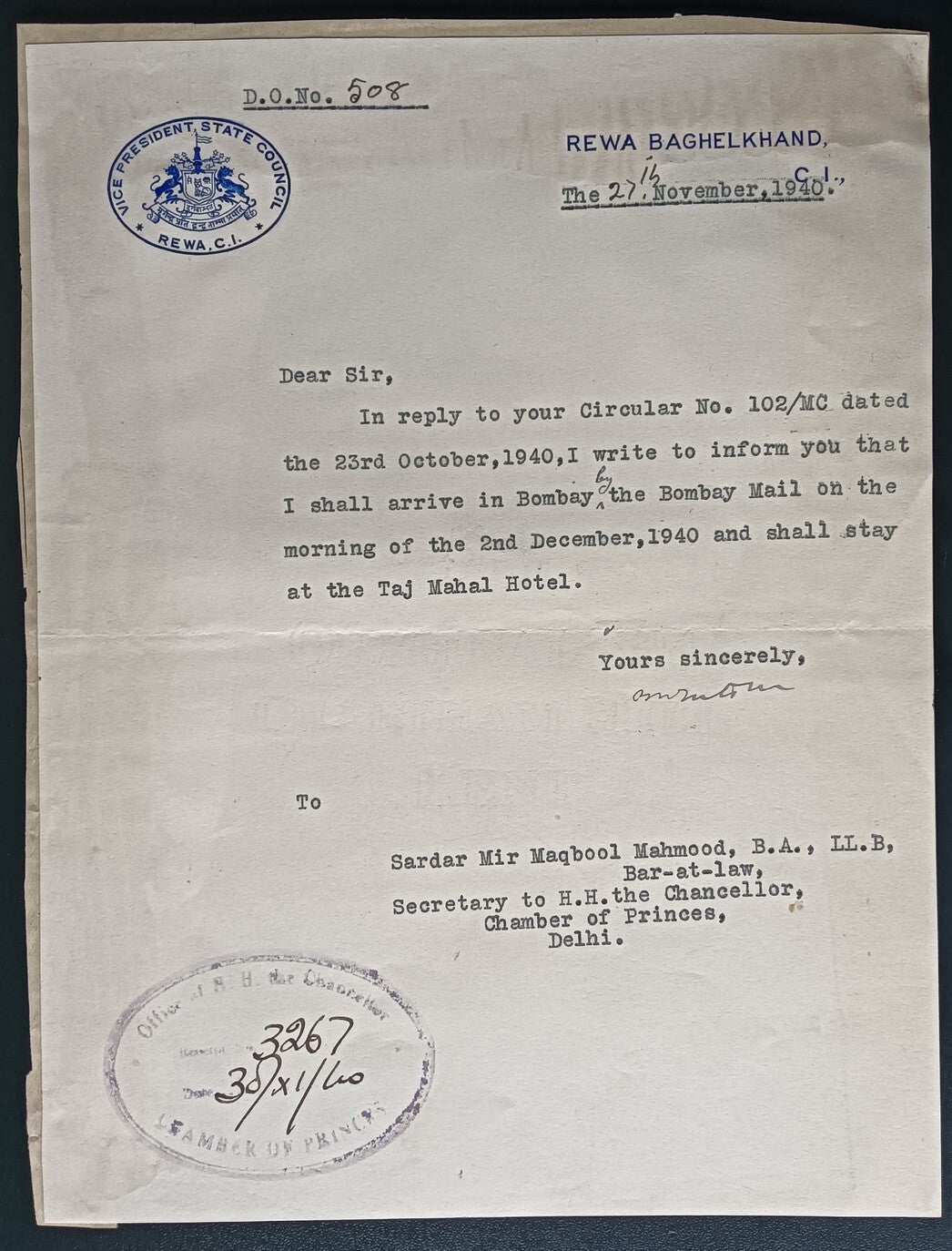 India 1940 crested letter REWA STATE